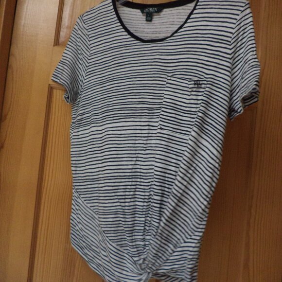 LAUREN T-Shirt ~White with Black Stripes + Knot at Waist ~ Size: L - Picture 1 of 7